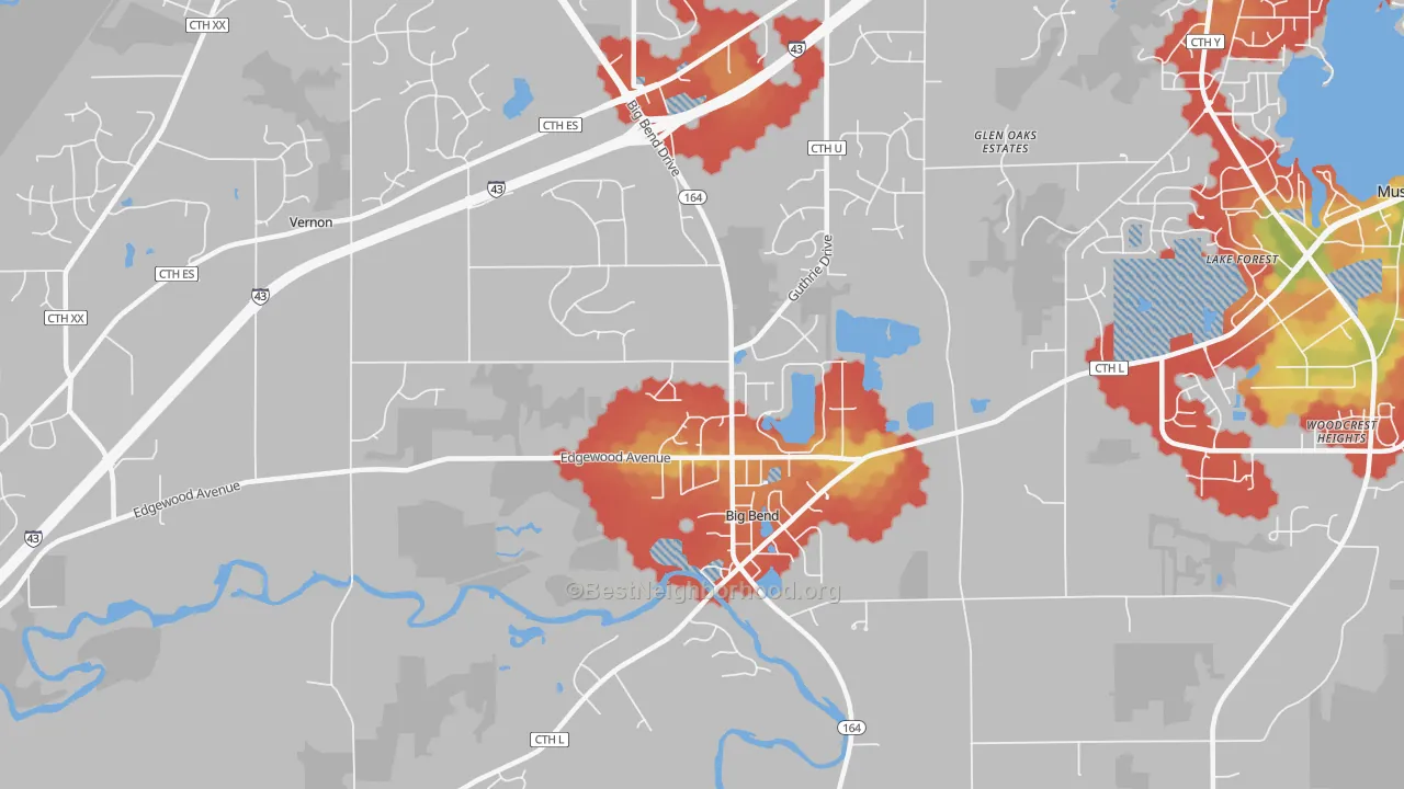 Walk Grade map of Big Bend, WI, walkable areas in green and car-dependent areas in red