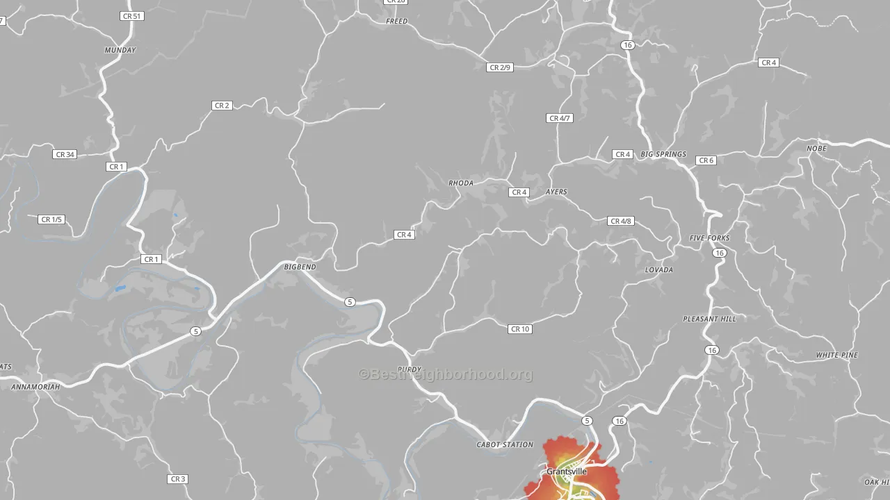 Walk Grade map of Big Bend, WV, walkable areas in green and car-dependent areas in red