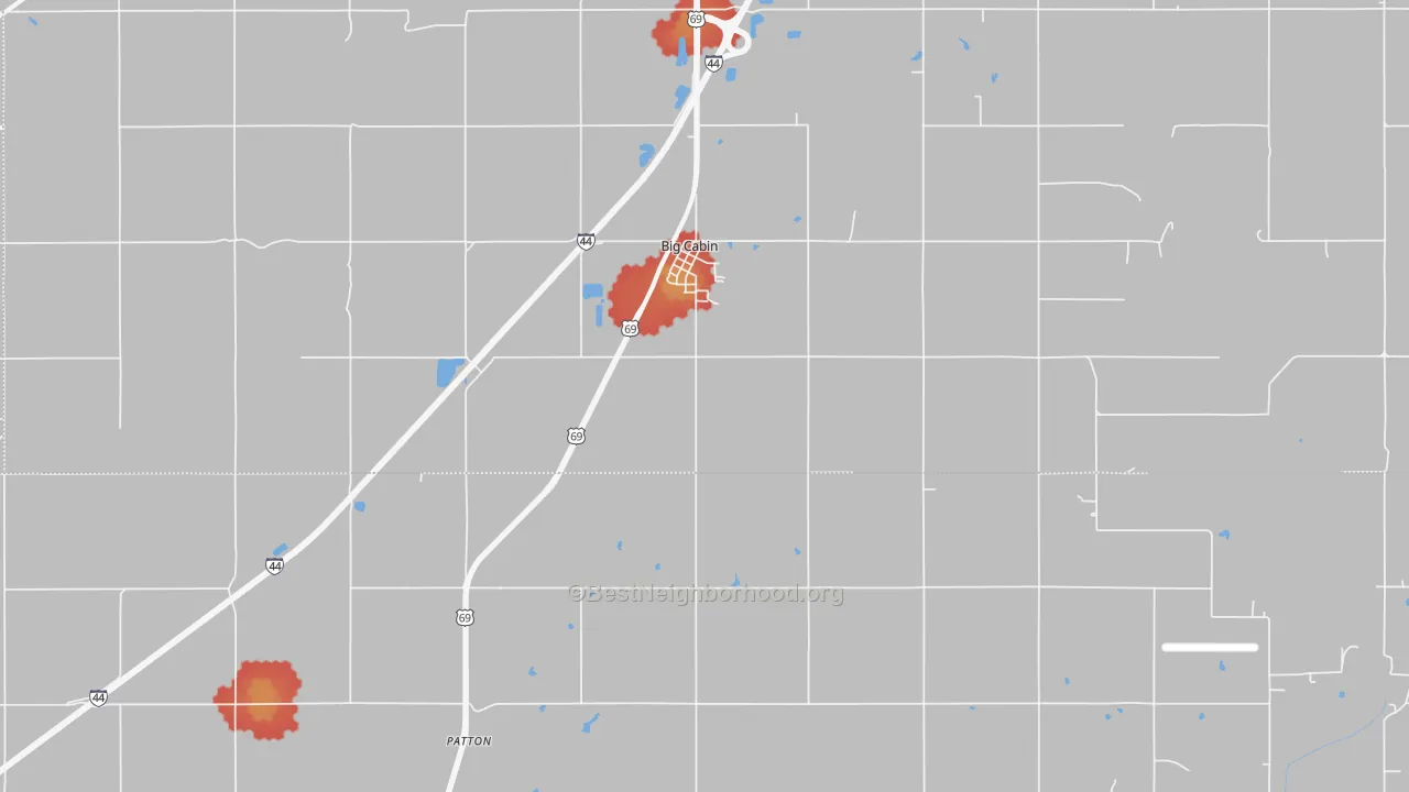 Walk Grade map of Big Cabin, OK, walkable areas in green and car-dependent areas in red