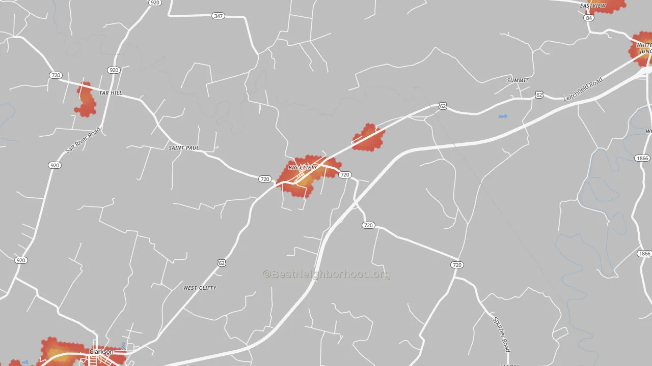Walk Grade map of Big Clifty, KY, walkable areas in green and car-dependent areas in red