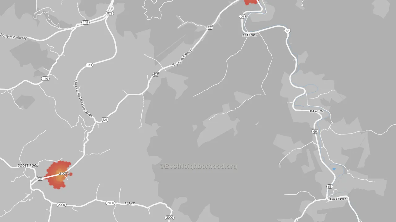 Walk Grade map of Big Creek, KY, walkable areas in green and car-dependent areas in red