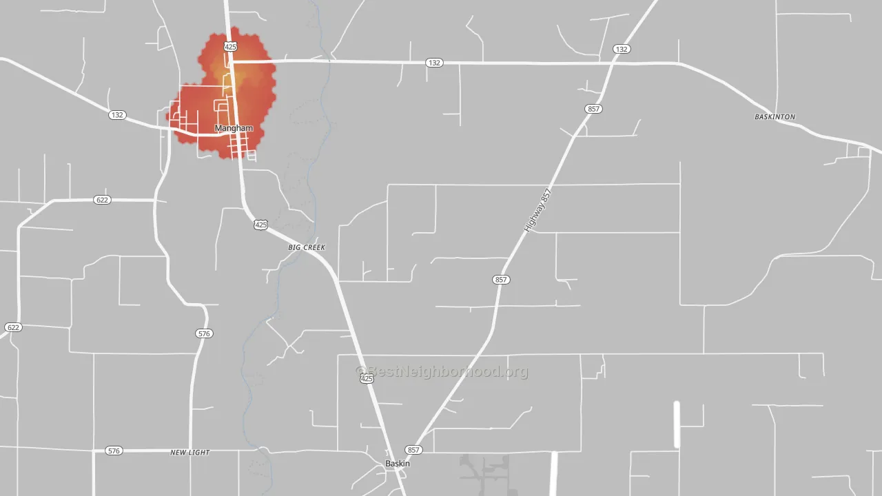 Walk Grade map of Big Creek, LA, walkable areas in green and car-dependent areas in red