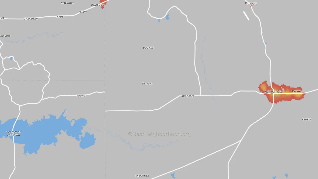 Walk Grade map of Big Creek, MS, walkable areas in green and car-dependent areas in red
