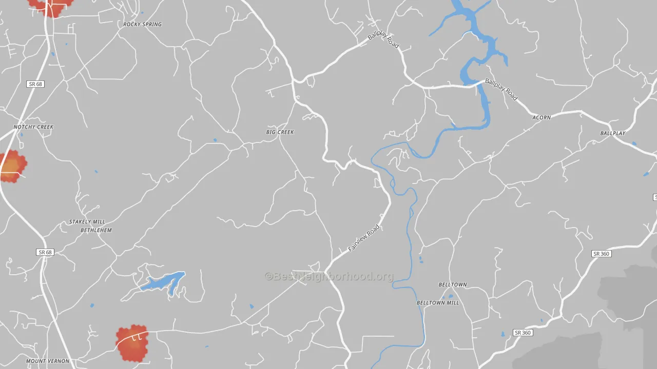 Walk Grade map of Big Creek, TN, walkable areas in green and car-dependent areas in red