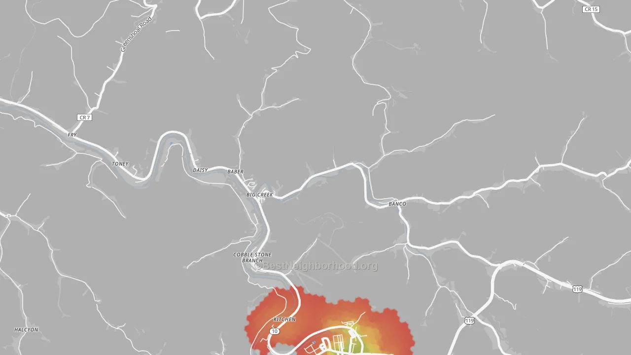 Walk Grade map of Big Creek, WV, walkable areas in green and car-dependent areas in red