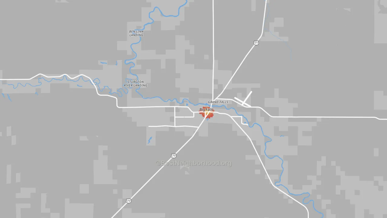 Walk Grade map of Big Falls, MN, walkable areas in green and car-dependent areas in red