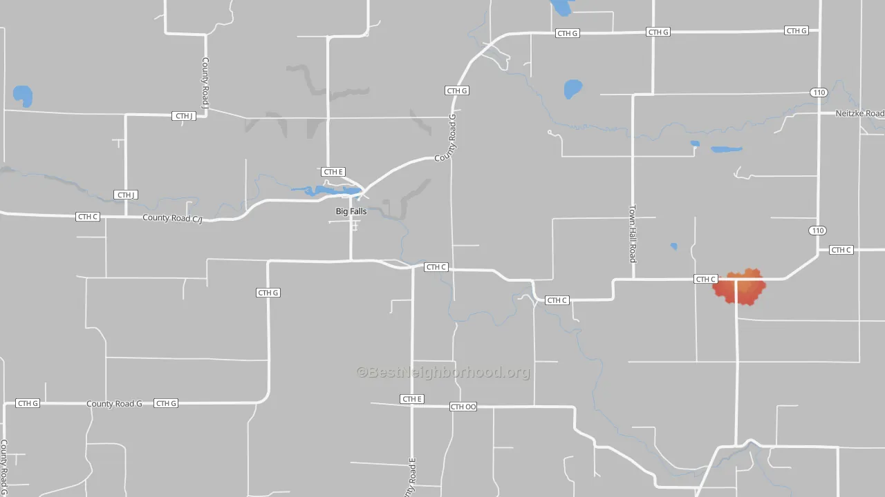 Walk Grade map of Big Falls, WI, walkable areas in green and car-dependent areas in red