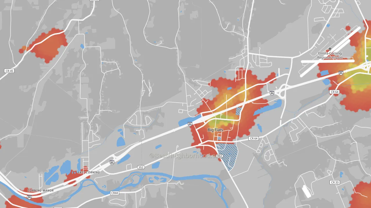 Walk Grade map of Big Flats, NY, walkable areas in green and car-dependent areas in red