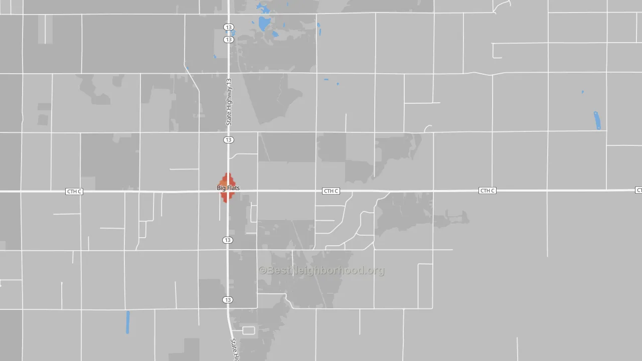 Walk Grade map of Big Flats, WI, walkable areas in green and car-dependent areas in red