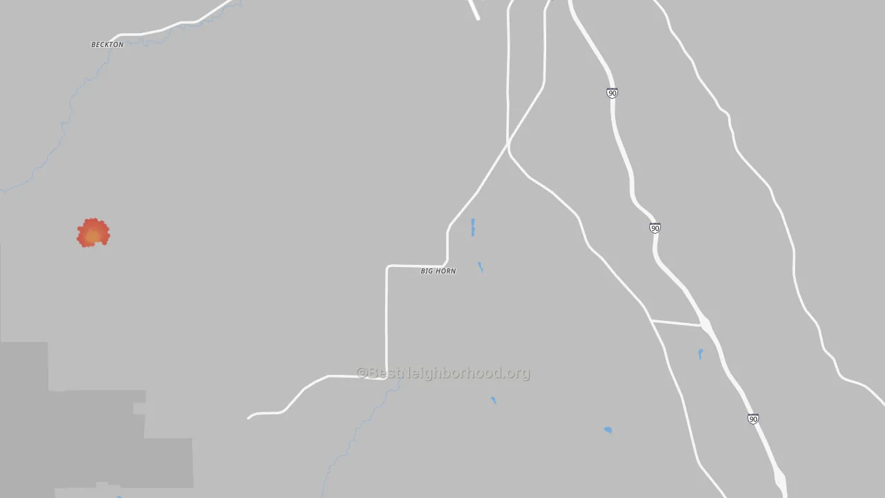 Walk Grade map of Big Horn, WY, walkable areas in green and car-dependent areas in red