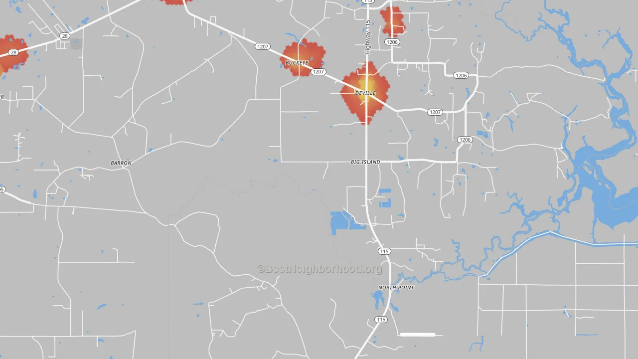 Walk Grade map of Big Island, LA, walkable areas in green and car-dependent areas in red