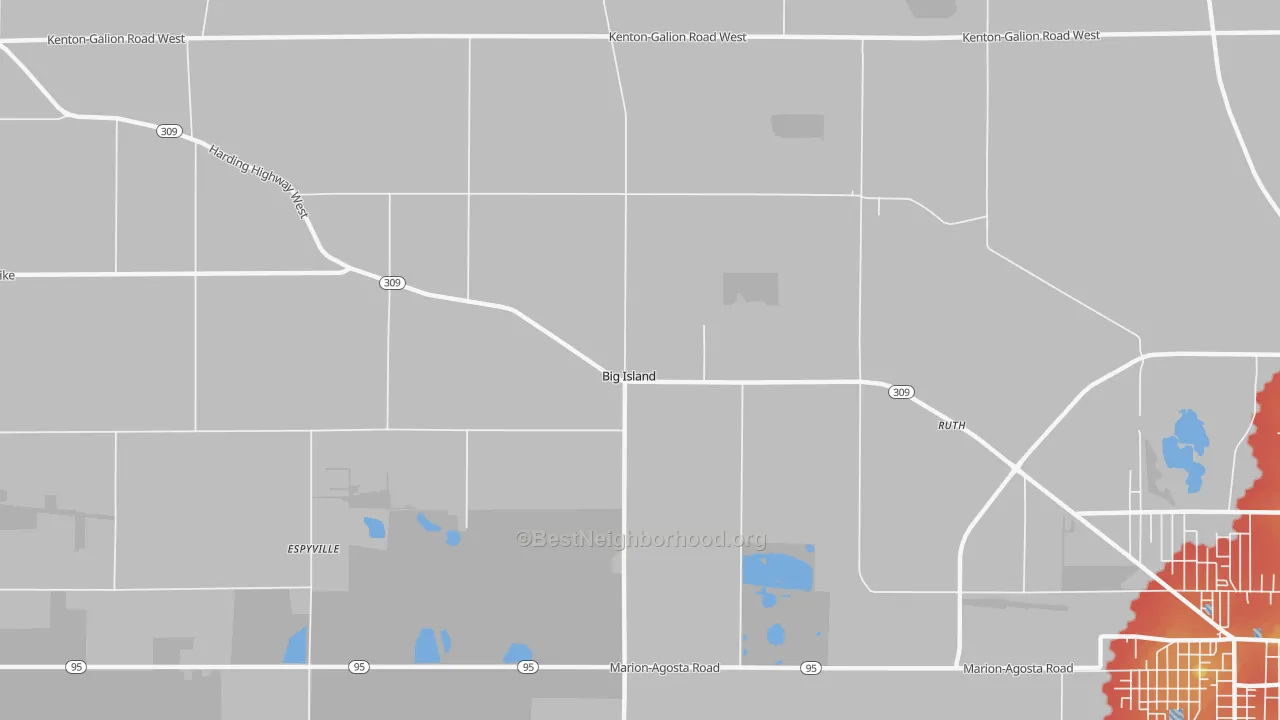 Walk Grade map of Big Island, OH, walkable areas in green and car-dependent areas in red