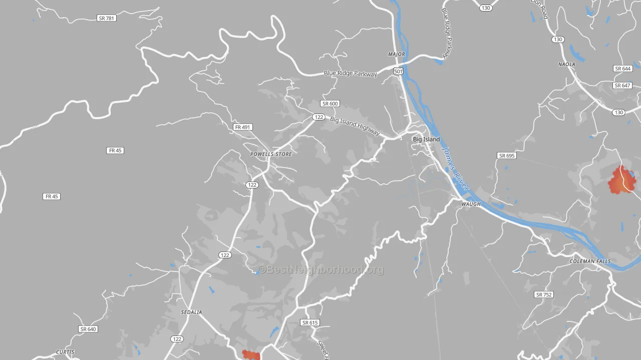 Walk Grade map of Big Island, VA, walkable areas in green and car-dependent areas in red