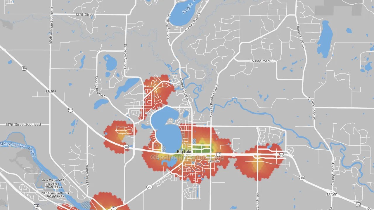 Walk Grade map of Big Lake, MN, walkable areas in green and car-dependent areas in red