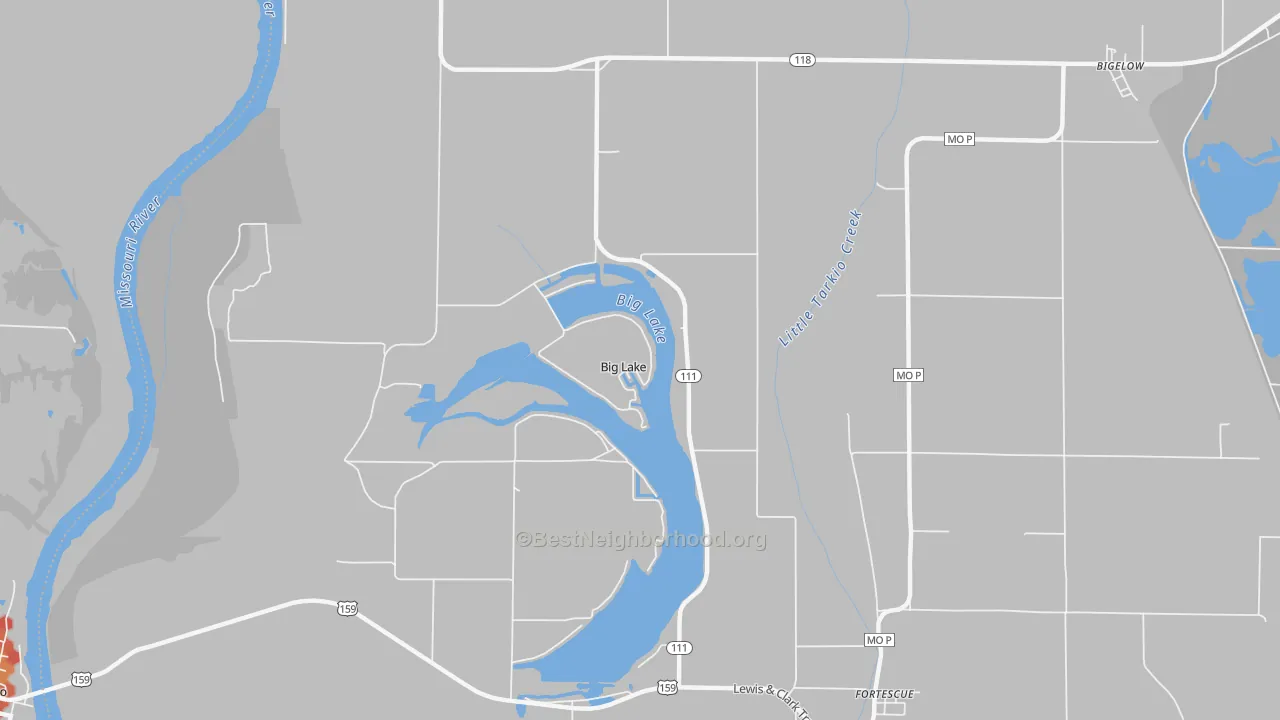 Walk Grade map of Big Lake, MO, walkable areas in green and car-dependent areas in red