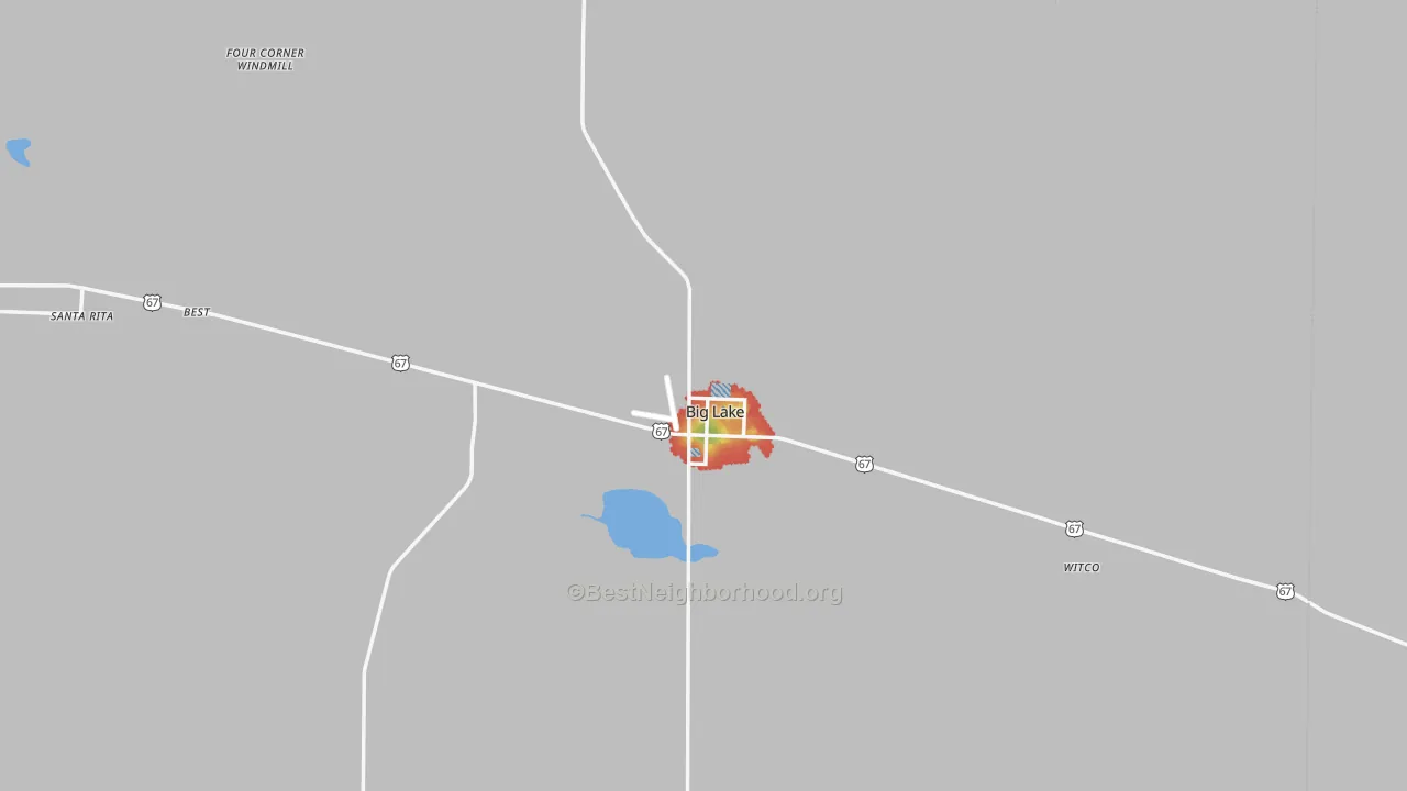 Walk Grade map of Big Lake, TX, walkable areas in green and car-dependent areas in red