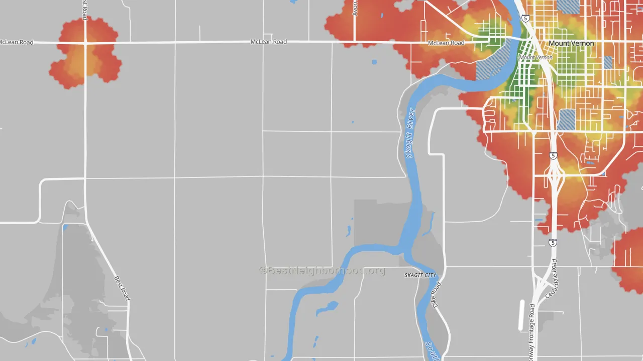 Walk Grade map of Big Lake, WA, walkable areas in green and car-dependent areas in red