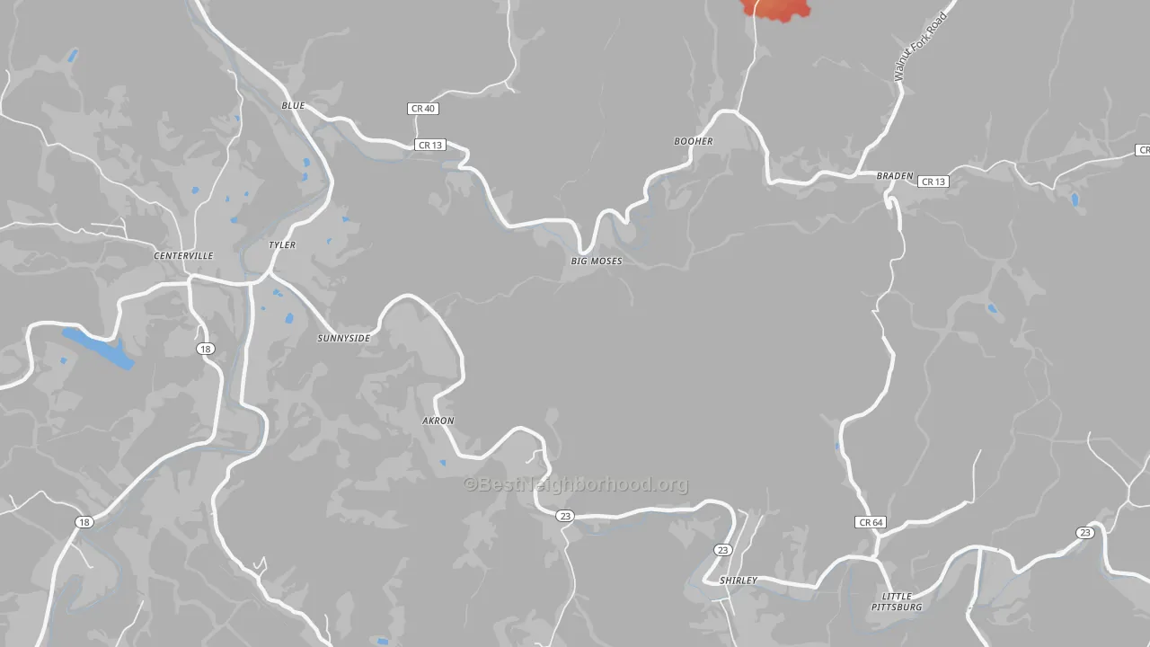 Walk Grade map of Big Moses, WV, walkable areas in green and car-dependent areas in red