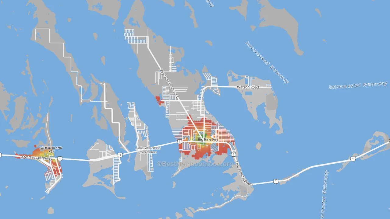 Walk Grade map of Big Pine Key, FL, walkable areas in green and car-dependent areas in red