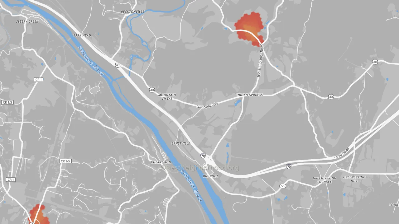 Walk Grade map of Big Pool, MD, walkable areas in green and car-dependent areas in red