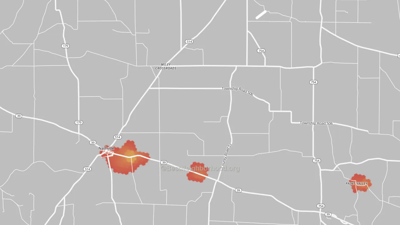 Walk Grade map of Big Prairie, OH, walkable areas in green and car-dependent areas in red