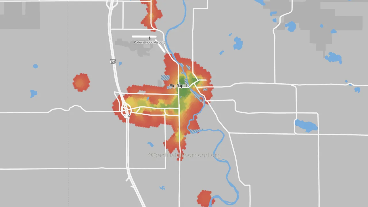 Walk Grade map of Big Rapids, MI, walkable areas in green and car-dependent areas in red
