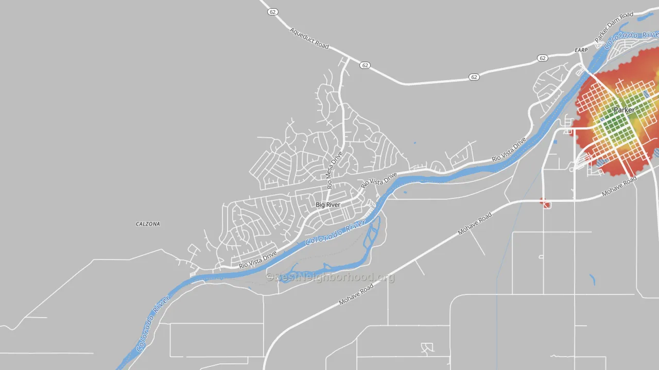 Walk Grade map of Big River, CA, walkable areas in green and car-dependent areas in red