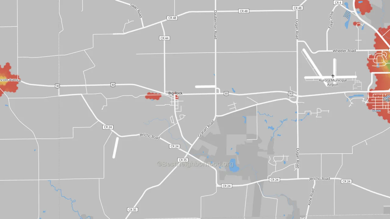 Walk Grade map of Big Rock, IL, walkable areas in green and car-dependent areas in red
