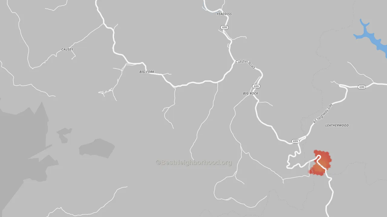 Walk Grade map of Big Rock, KY, walkable areas in green and car-dependent areas in red