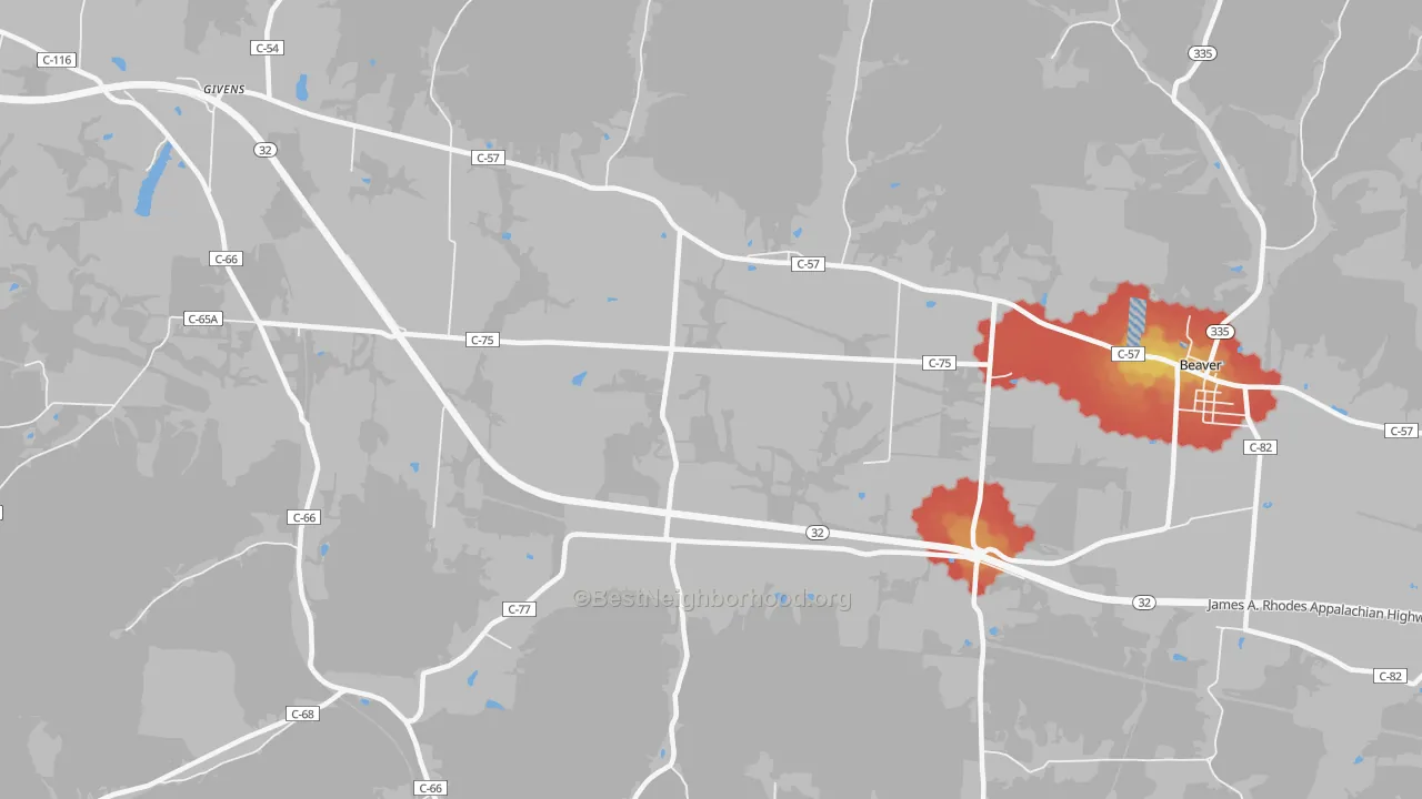 Walk Grade map of Big Rock, OH, walkable areas in green and car-dependent areas in red