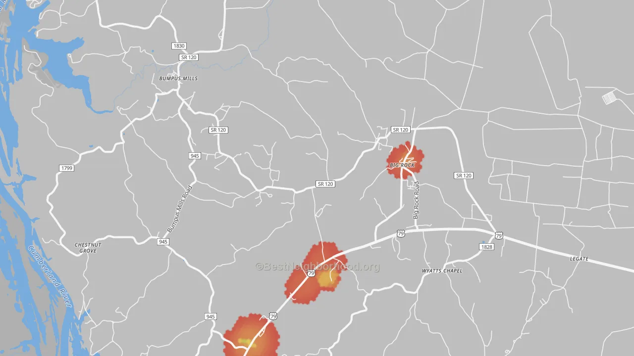 Walk Grade map of Big Rock, TN, walkable areas in green and car-dependent areas in red