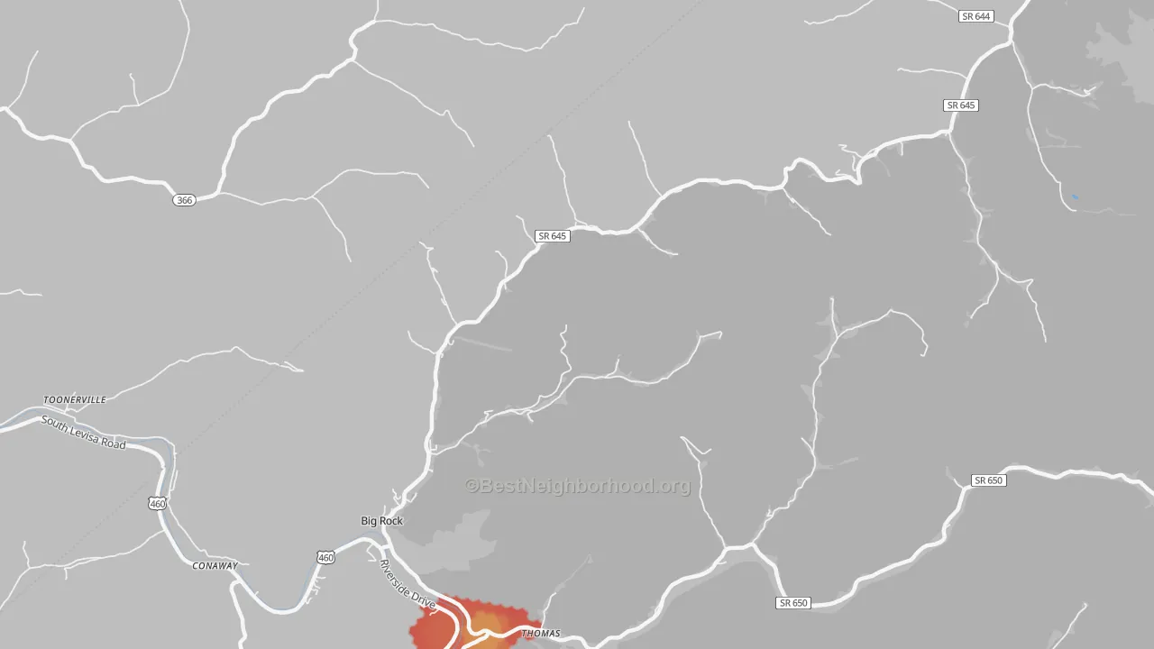 Walk Grade map of Big Rock, VA, walkable areas in green and car-dependent areas in red