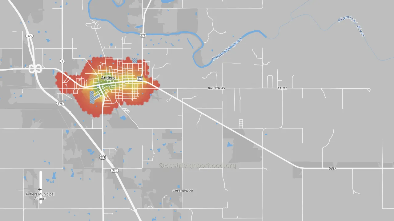 Walk Grade map of Big Rocks, OK, walkable areas in green and car-dependent areas in red