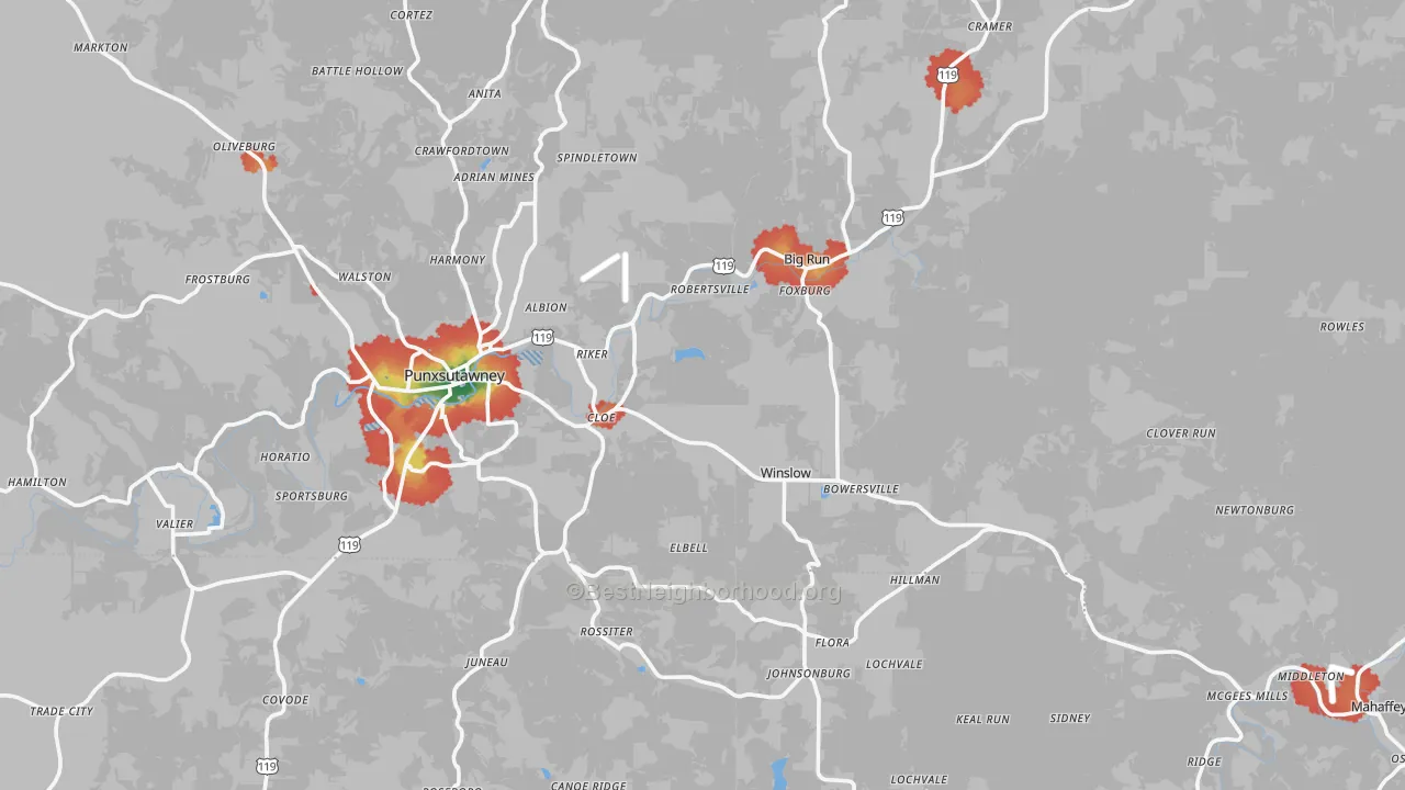 Walk Grade map of Big Run, PA, walkable areas in green and car-dependent areas in red