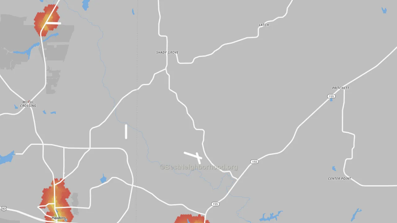 Walk Grade map of Big Sandy, TX, walkable areas in green and car-dependent areas in red