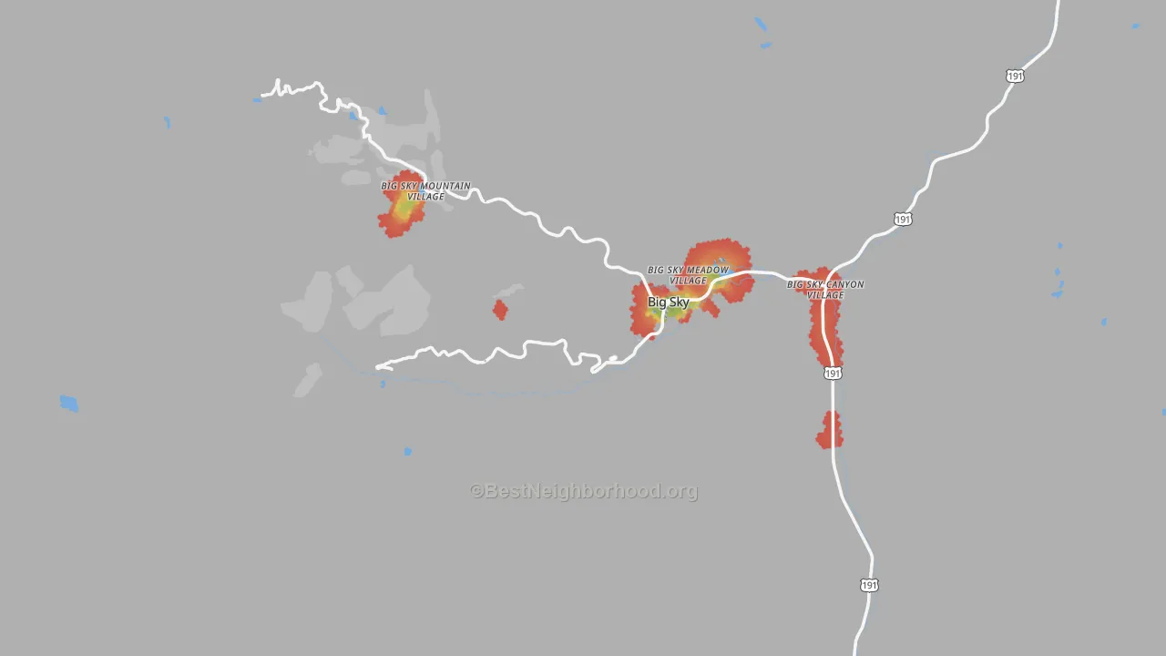 Walk Grade map of Big Sky, MT, walkable areas in green and car-dependent areas in red