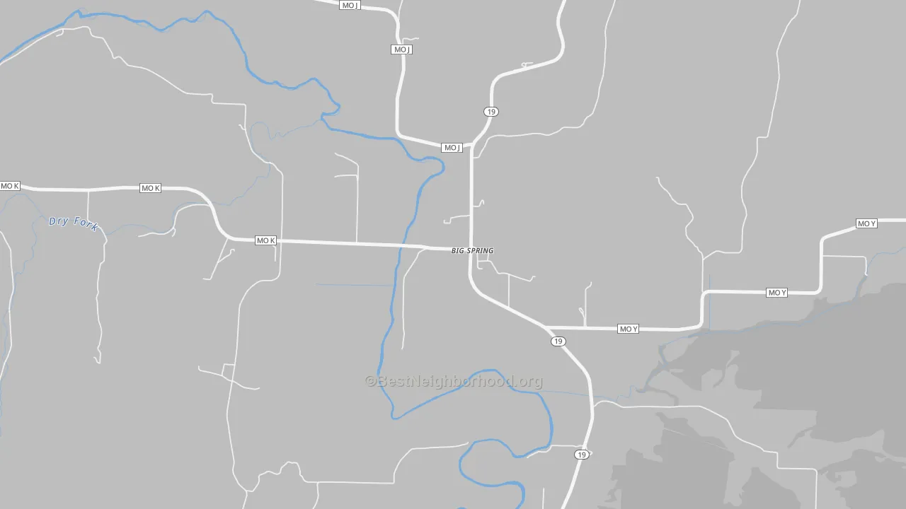 Walk Grade map of Big Spring, MO, walkable areas in green and car-dependent areas in red