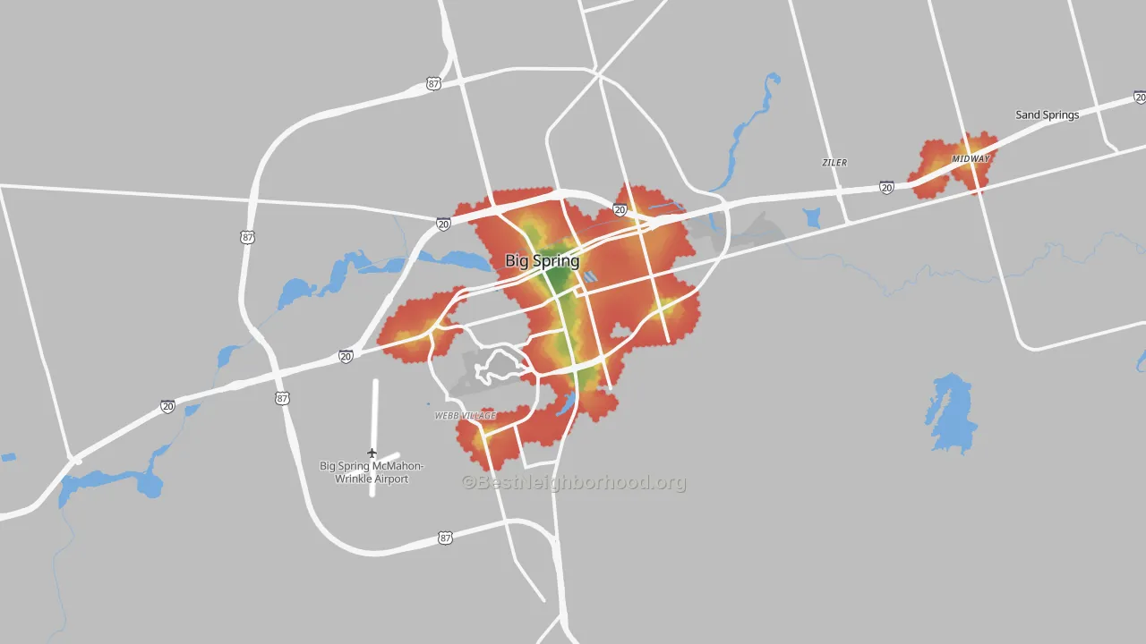 Walk Grade map of Big Spring, TX, walkable areas in green and car-dependent areas in red