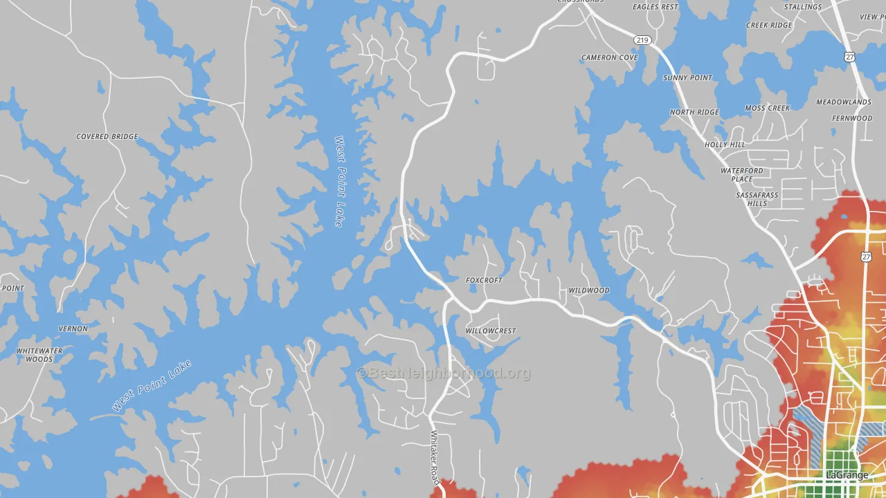Walk Grade map of Big Springs, GA, walkable areas in green and car-dependent areas in red