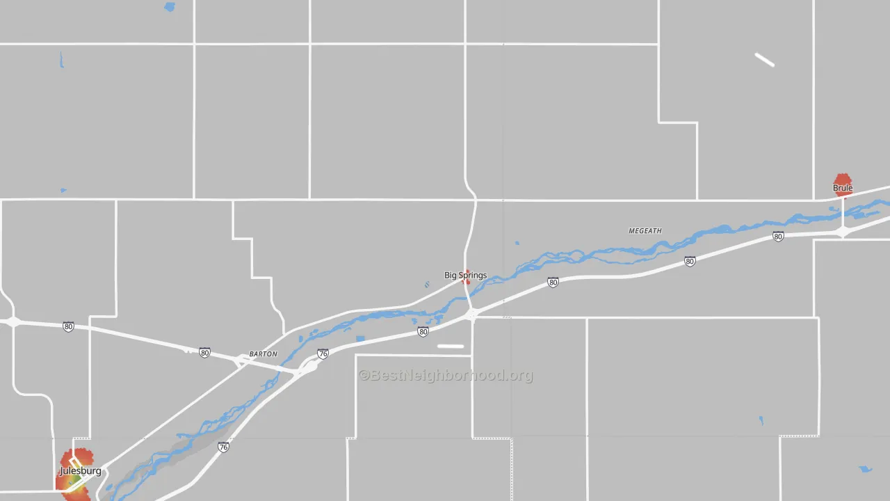 Walk Grade map of Big Springs, NE, walkable areas in green and car-dependent areas in red