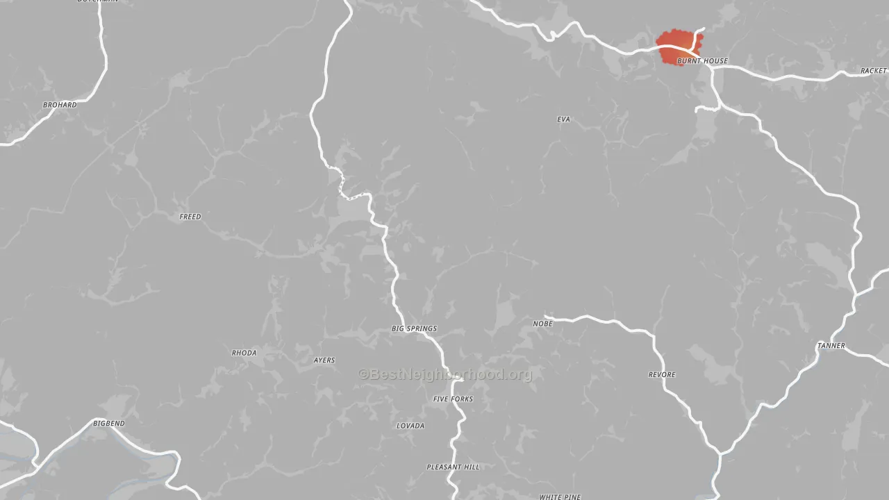 Walk Grade map of Big Springs, WV, walkable areas in green and car-dependent areas in red