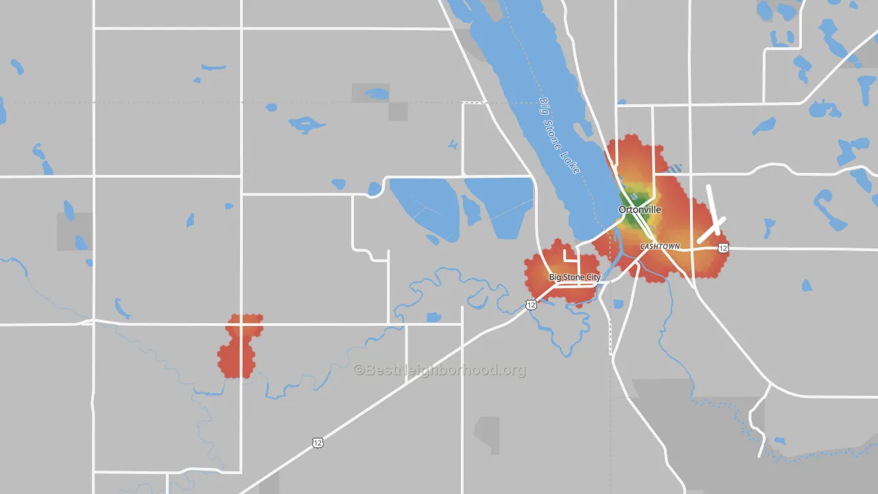 Walk Grade map of Big Stone City, SD, walkable areas in green and car-dependent areas in red