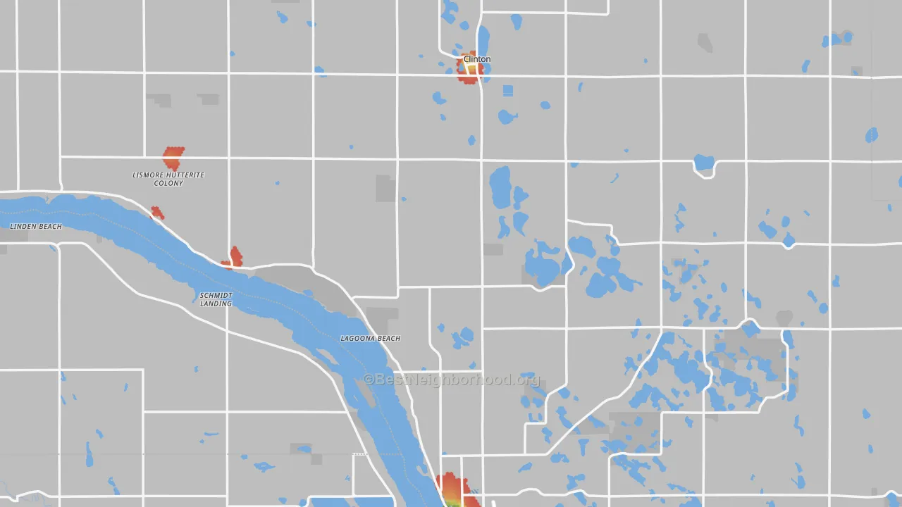 Walk Grade map of Big Stone County, MN, walkable areas in green and car-dependent areas in red
