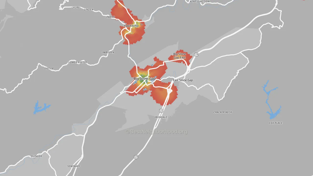 Walk Grade map of Big Stone Gap, VA, walkable areas in green and car-dependent areas in red