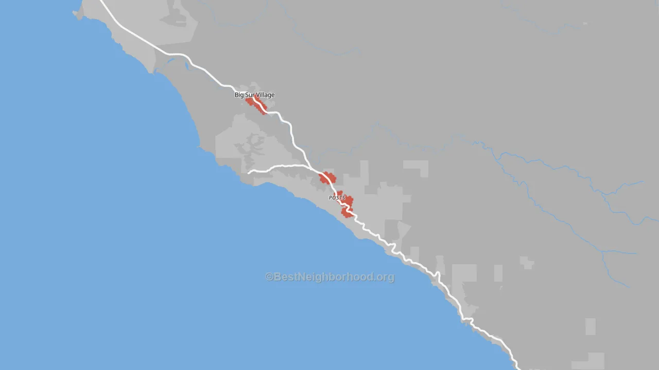 Walk Grade map of Big Sur, CA, walkable areas in green and car-dependent areas in red