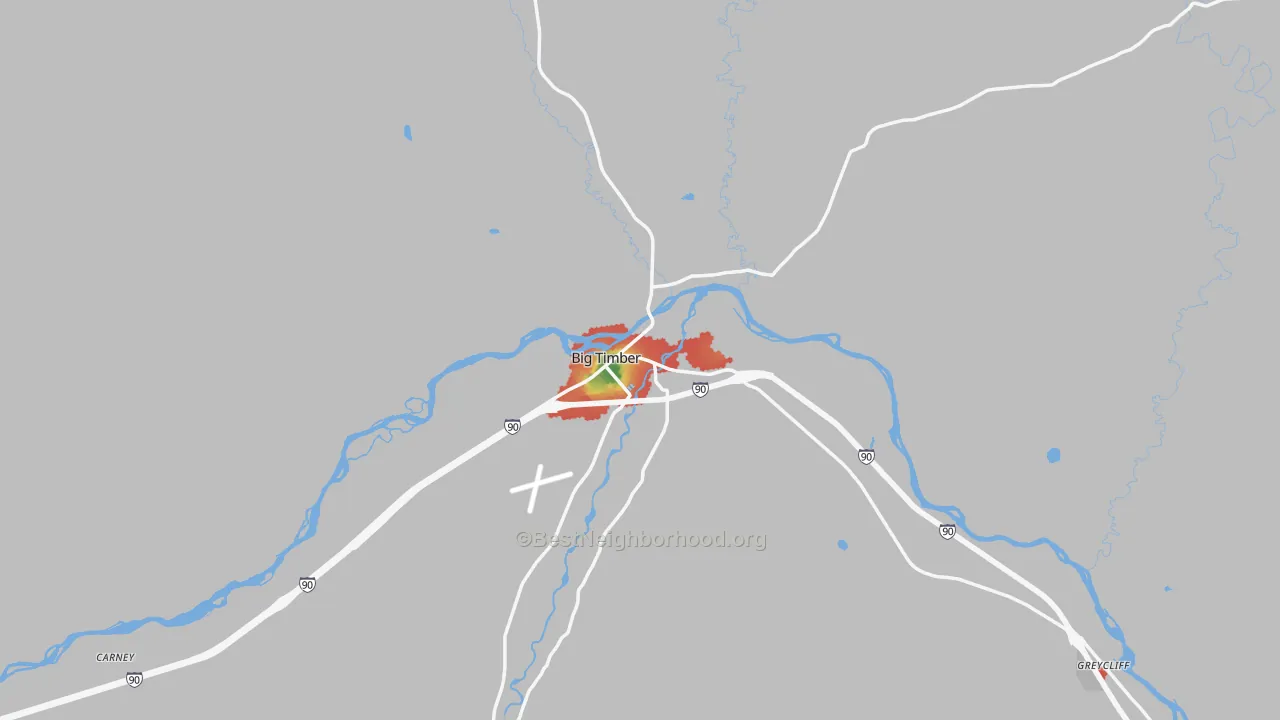 Walk Grade map of Big Timber, MT, walkable areas in green and car-dependent areas in red