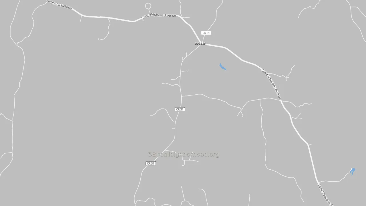 Walk Grade map of Bigbee, AL, walkable areas in green and car-dependent areas in red
