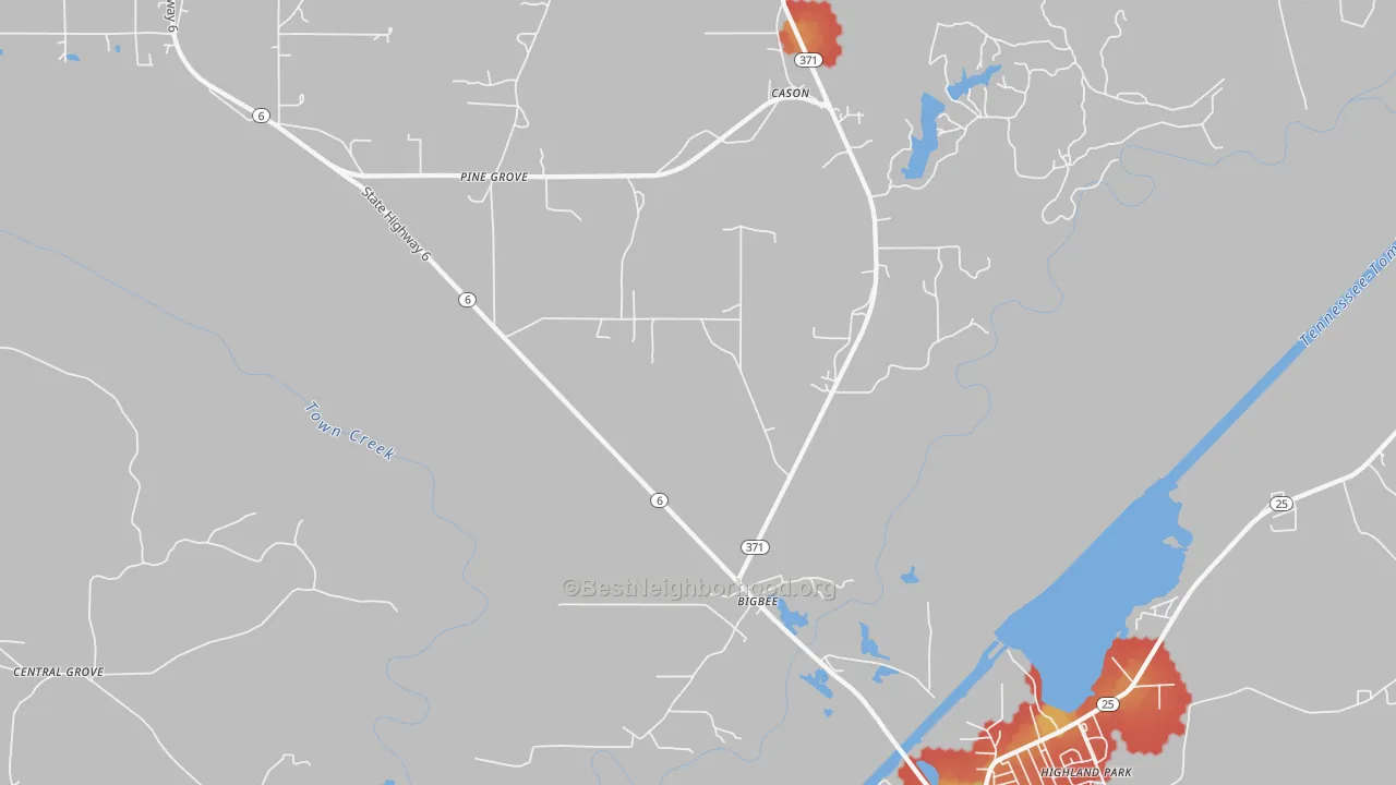 Walk Grade map of Bigbee, MS, walkable areas in green and car-dependent areas in red