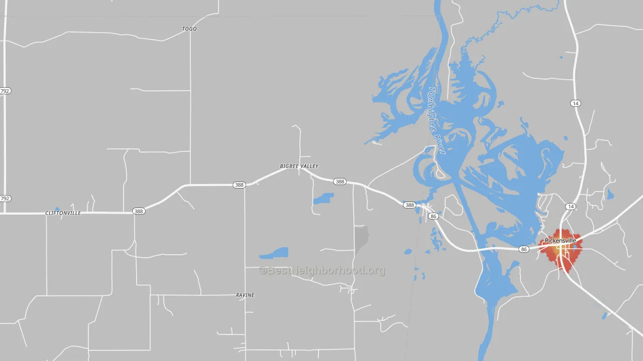 Walk Grade map of Bigbee Valley, MS, walkable areas in green and car-dependent areas in red