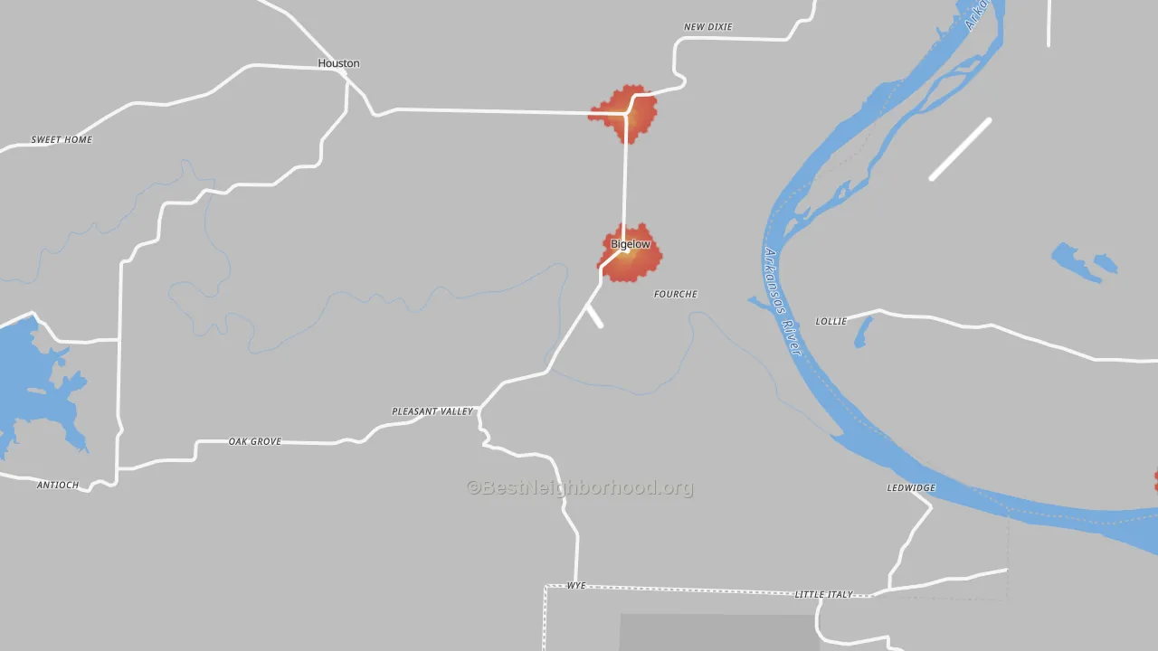 Walk Grade map of Bigelow, AR, walkable areas in green and car-dependent areas in red